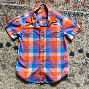Boys Farmer Button Up Short Sleeve Shirt Orange Plaid size XS 4/5